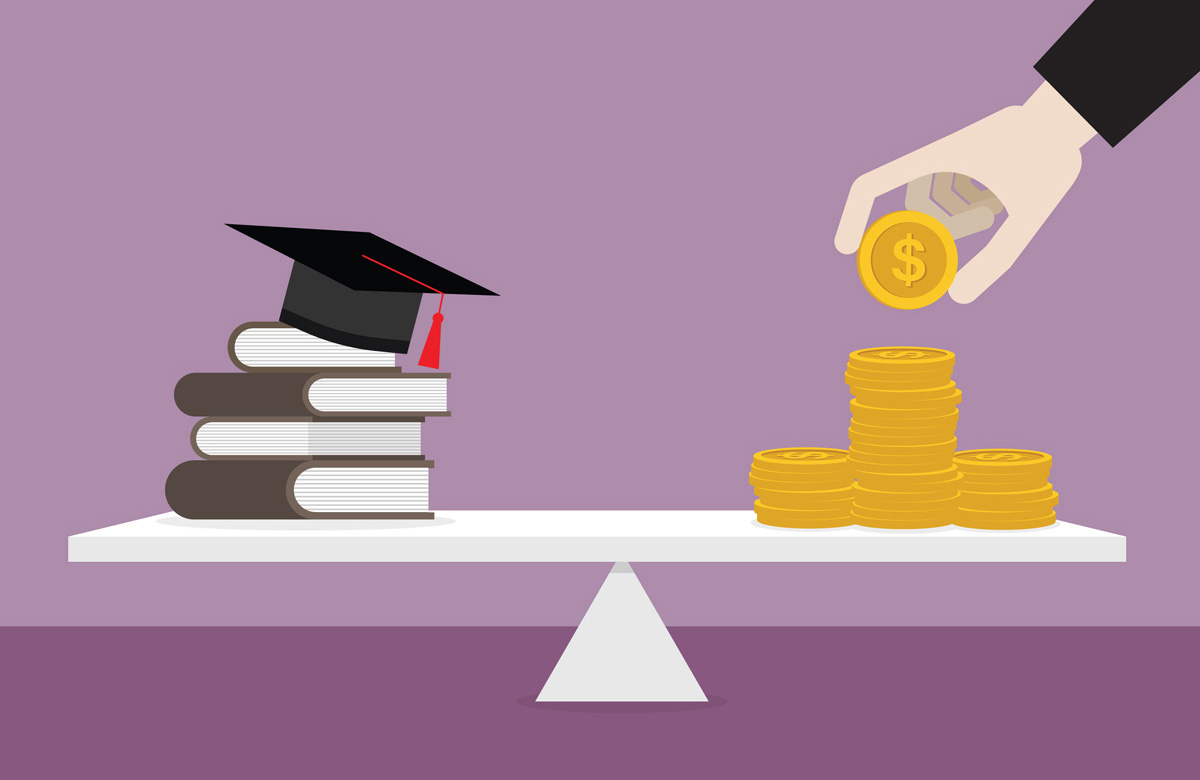 Balancing books and money on a scale.